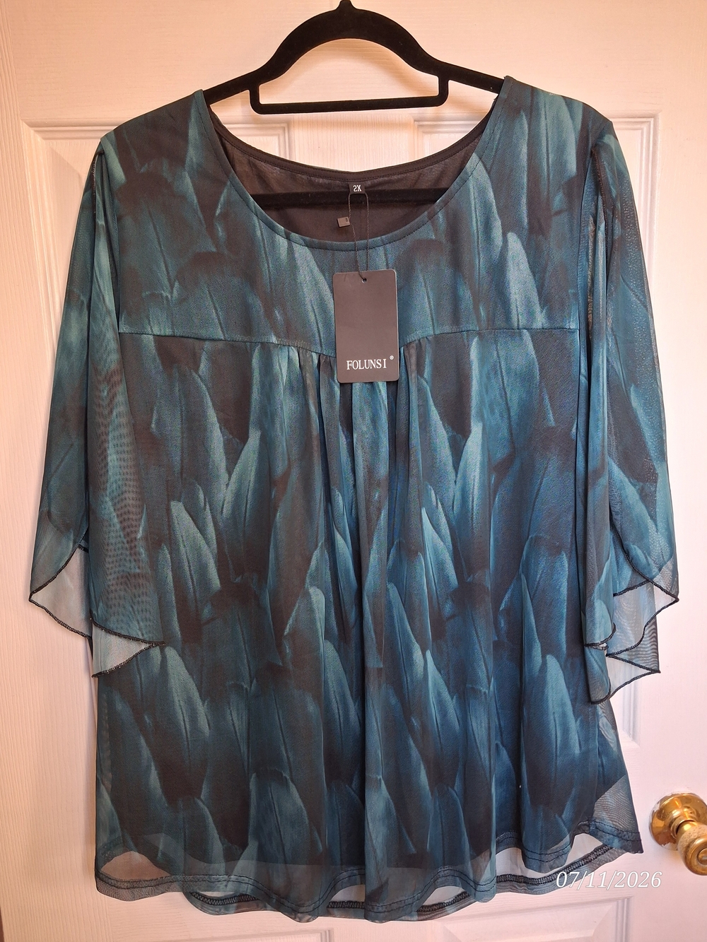 Folunsi Teal Blue Feather-Print Chiffon Blouse for Women
